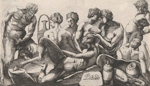 Acht saters en satyresses die een maaltijd beëindigen door Pierre Biard