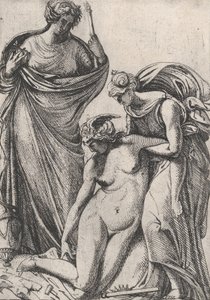 Studie ter ondersteuning van de flauwvallende personificatie van Beeldhouwkunst, staand naast hen, Fran..., 1607-61