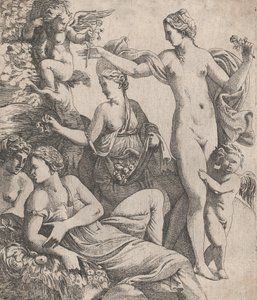 Venus, staand met de drie Gratiën, krijgt een bloem aangeboden door een putto, 1607-1661 door Pierre Biard