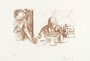Man en vrouw aan gedekte tafel met schalen en karaf