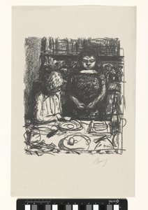 Zittende man aan tafel met maaltijd en staande vrouw