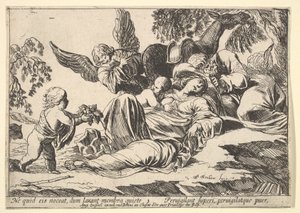 Engelen geven fruit aan de slapende Heilige Familie door Pierre Brebiette