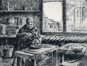 Een arbeider die vijlen maakt. Gravure van Pierre Calmette