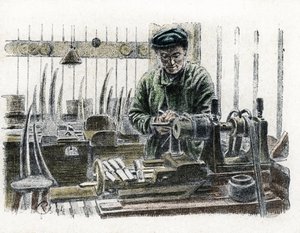 Een ivoorbewerker die olifantenslagtanden snijdt in zijn werkplaats Gravure uit 