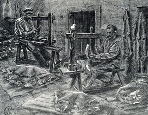 Ambachtslieden die schapenvellen schrapen Gravure uit 