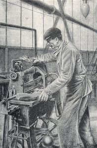 Snijden van geweerkolven in een wapenfabriek Gravure door Pierre Calmette Privécollectie