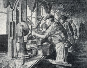 Snijwerkplaats bij de kristalfabriek in Sevres nabij Parijs Gravure uit 