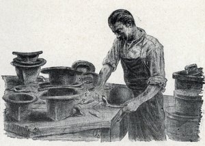 Hoedenmaker: het verstevigen van de randen van een bolhoed Gravure uit 