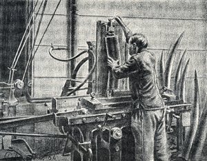 Ivoorbewerker snijdt olifantenslagtanden Gravure uit "Excursion a travers les metiers" door Pierre Calmette Privécollectie door Pierre Calmettes
