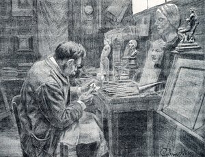 Ivoorbewerker die ivoor snijdt met beitels, schrapers en gutsen Gravure uit 