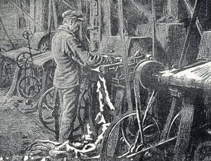 Leerindustrie: mechanisch maaien van vachten Gravure uit "Excursion a travers les metiers" door Pierre Calmette Privécollectie