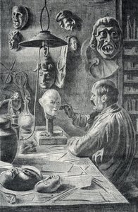 Fabricage van theater- en vermommingsmaskers Gravure uit "Excursion a travers les metiers" door Pierre Calmette Privécollectie door Pierre Calmettes