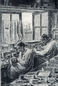 Parijse arbeiders die speelgoed maken. Gravure van Pierre Calmette door Pierre Calmettes