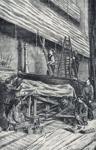 Rekwisietenmeesters: het opzetten van toneeldecors voor de voorstelling. Gravure uit 