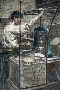Zeepfabriek: het stempelen van het zeepmerk Gravure uit 