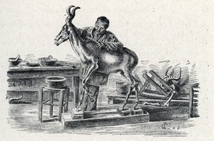 Taxidermie: Een taxidermist vult een hartebeest in zijn werkplaats Gravure uit "Excursion a travers les metiers" door Pierre Calmette Privécollectie