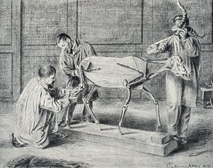 Taxidermie: taxidermisten bereiden het kunstmatige skelet voor in de werkplaats Gravure uit "Excursion a travers les metiers" door Pierre Calmette Privécollectie
