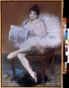 Zittende balletdanseres. Ballerina in tutu leest "de kleine krant" door Pierre Carrier Belleuse