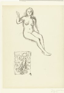 Zittende naakte vrouw en vrouw in landschap door Pierre Cécile Puvis de Chavannes