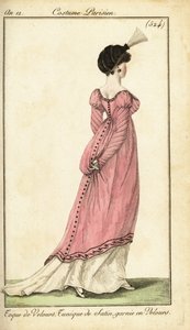 Vrouw in satijnen tuniekjurk en fluwelen toque, Parijs door Pierre Charles Baquoy