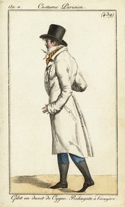 Jonge dandy in ruitersjas, zwaan dons vest door Pierre Charles Baquoy