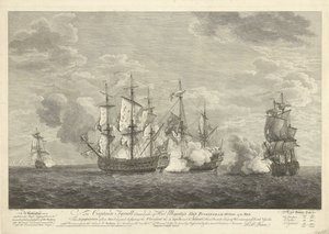 Aanval van een Engels schip op drie Franse schepen bij Sint Eustatius, 1758