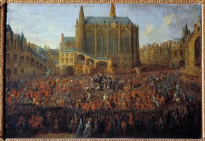 Vertrek van Lodewijk XV na het bed van gerechtigheid dat de wil van Lodewijk XIV brak, gehouden in de Grote Kamer van het Parlement van Parijs door Pierre Denis Martin