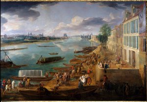 Zicht op Parijs, genomen vanaf de Quai de la Rapée in 1716 (detail van boten op de Seine en activiteiten). Schilderij door Pierre Denis Martin (1663-1742) 1716. Parijs, Musée Carnavalet door Pierre Denis Martin