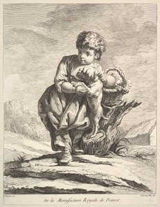 Kind met een hond, met een mand druiven, uit Premier Livre de Figures, 1757