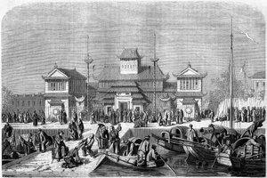 Douanezicht in de haven van Shanghai in 1860, China. Gravure door Grandsire, in 