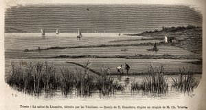 De zoutziederij van Lusandra, in de buurt van Triëst, vernietigd door de Venetianen die het als een gevaarlijke concurrentie voor het monopolie dat ze in de Adriatische Zee uitoefenden, gravure door E. Grandsire ter illustratie van de reis naar Istrië en D
