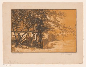 Landschap met boerderij achter bomen