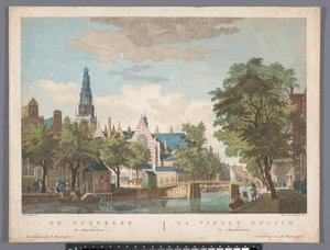 Gezicht op de Oude Kerk te Amsterdam door Pierre Fouquet