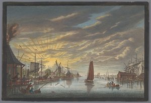 Gezicht op de oude jachthaven te Amsterdam, gezien richting het bolwerk Leeuwenburg ofwel Blauwhoofd door Pierre Fouquet