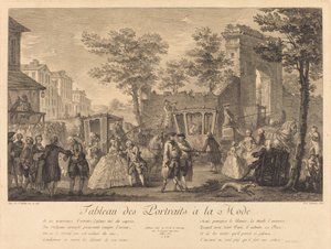 Portrettengalerij in de mode door Pierre Francois Courtois after Augustin de Saint Aubin