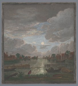 Gezicht op een kanaal in de omgeving van de stad Haarlem bij maanlicht door Pierre François Basan
