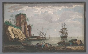 Gezicht op een kust in de omgeving van de stad Toulon bij maanlicht door Pierre François Basan