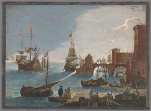 Gezicht op een zeehaven met schepen en boten op het water door Pierre François Basan