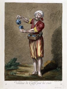 Verkoper van koffie op straat, "Collectie van 100 prenten die verschillende naties van de Levant vertegenwoordigen in 1707 en 1708" in opdracht van M. de Frriol, ambassadeur van de koning aan de Porte en bijgewerkt in 1712-13 door de zorg van M. Le Hay, Ba door Pierre François Basan