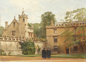 De Grammatica Hal vanuit St. Johns Quadrangle in 1881: President Bulley in de Lodgings Drive en twee anderen, 1881