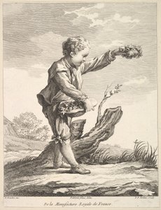 Kleine jongen met een krans en mand met bloemen, uit Deuxième Livre de Figures d