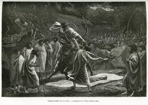 Een begrafenisceremonie voor de Todas, een kleine pastorale gemeenschap op het Nilgiri-plateau (Zuid-India), tijdens de begrafenis worden runderen geofferd. Gravure door P. Fritel, ter illustratie van het verhaal souvenirs van een reis naar de Nilgherries, door Pierre Fritel