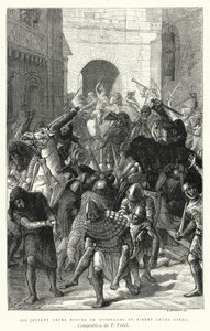 Ils Jettent Leurs Bottes De Fourrages Et Tirent Leurs Epees (gravure) door Pierre Fritel
