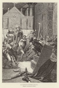 De begrafenis van Hastings. Vikingen vallen een Franse kerk aan tijdens de begrafenis van hun leider, Hasting, nadat hij zijn dood veinsde