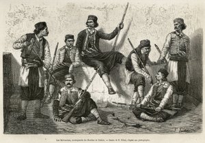 De Krivosciërs, bergbewoners van de Bouches de Cattaro (of Kotor, baai aan de westkust van Montenegro), bewapend om de kracht van de Oostenrijkse troepen te weerstaan. Gravure naar de tekening van P. Fritel, ter illustratie van de reis naar Dalmatië, door  door Pierre Fritel