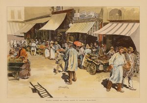 De marktkramers van vier seizoenen op de Rue du Faubourg Saint-Denis, Parijs door Pierre Georges Jeanniot