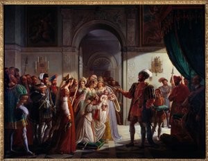Francois I als gewapende ridder met zijn kleinzoon Francois II, vergezeld door zijn ouders Henry II en Catherine de Medici door Pierre Henri Revoil
