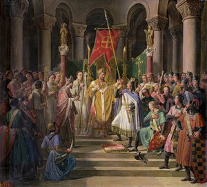 Filips Augustus (1165-1223) Koning van Frankrijk neemt de banier in St. Denis, 24 juni 1190, 1841 door Pierre Henri Revoil