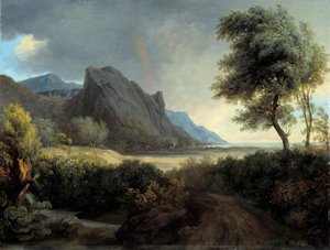 Bergachtig landschap gewassen door de zee. Regenboog. - Pierre de Valenciennes door Pierre Henri de Valenciennes