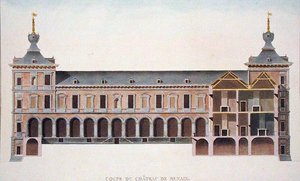 Doorsnede van het kasteel in Ronse, België, uit Choix des Monuments, Edifices et Maisons les plus remarquables du Royaume des Pays-Bas door Pierre Jacques Goetghebuer, gepubliceerd 1827